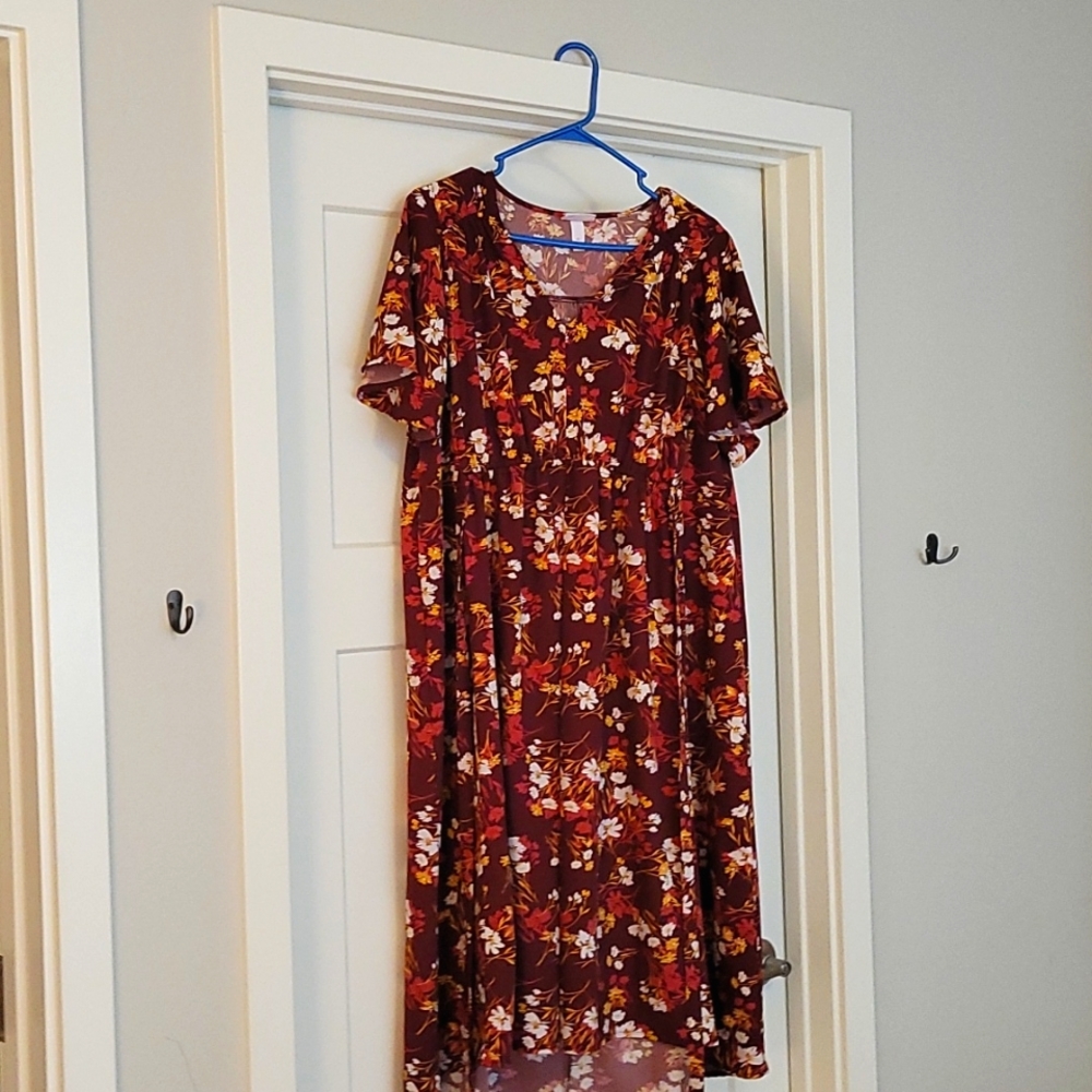 Maternity dress above knee red white and yellow.